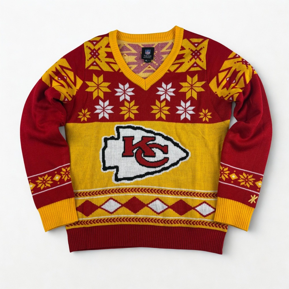 NFL Team Apparel Kansas City Chiefs Sweater Mens L Red Yellow Fair Isle V-Neck